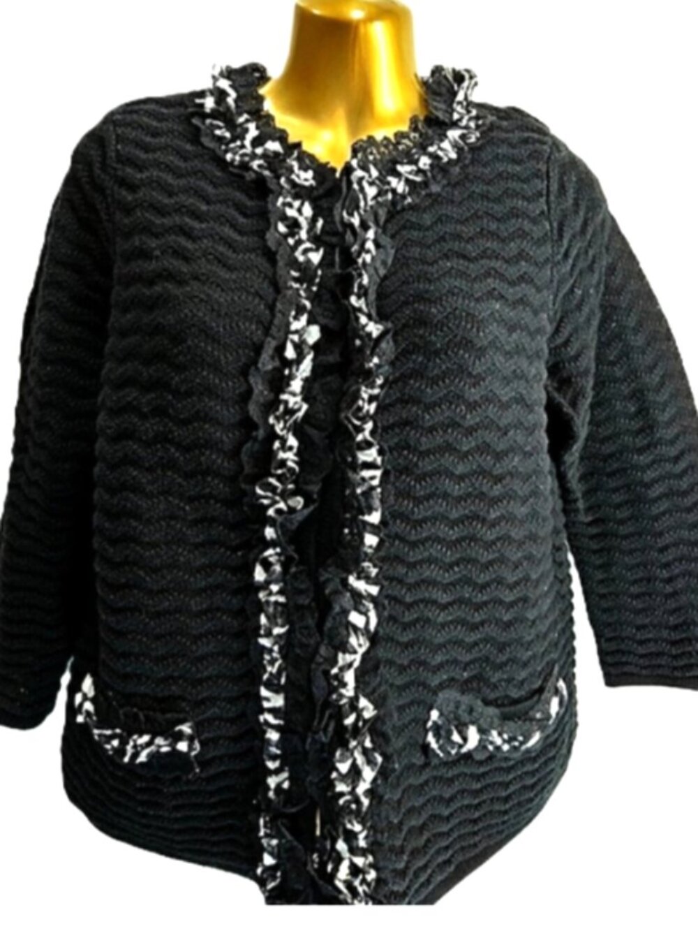 Chico's black White ruffle trim cardigan sweater size 1